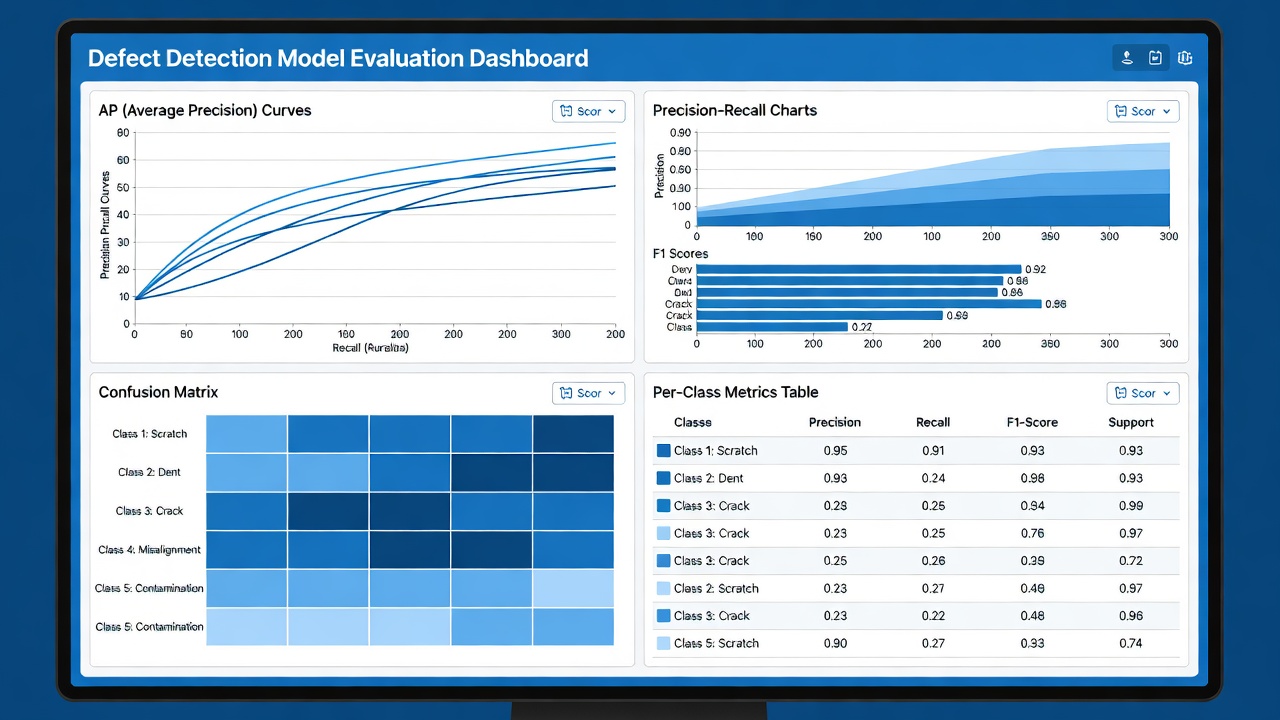 Tableau de bord de science des données montrant les métriques d'évaluation de modèle pour la détection de défauts avec courbes AP, graphiques précision-rappel, scores F1 et matrice de confusion