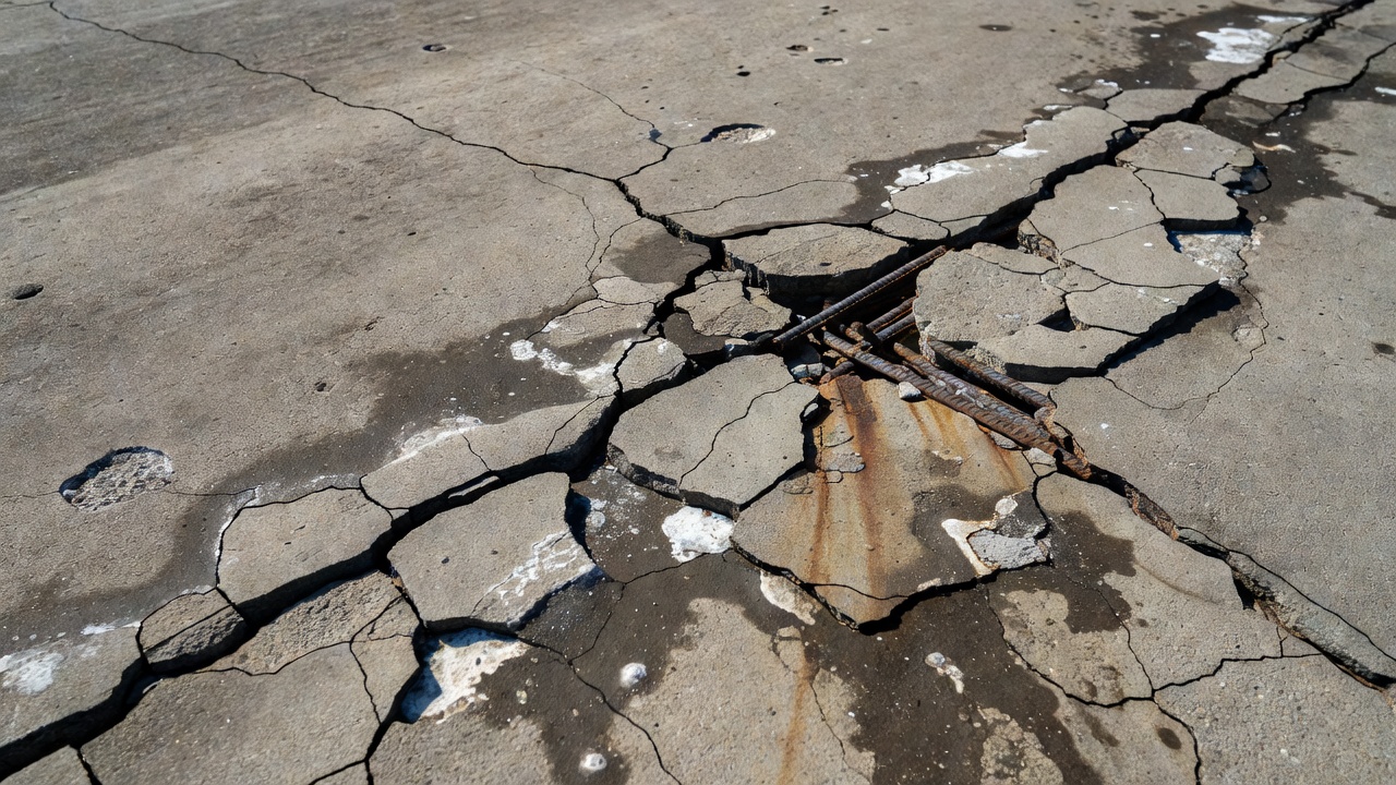 Photographie détaillée en gros plan de la surface d'une piste d'aéroport en béton montrant de multiples défauts structurels incluant fissures, éclats, dépôts d'efflorescence, armature exposée et taches de corrosion