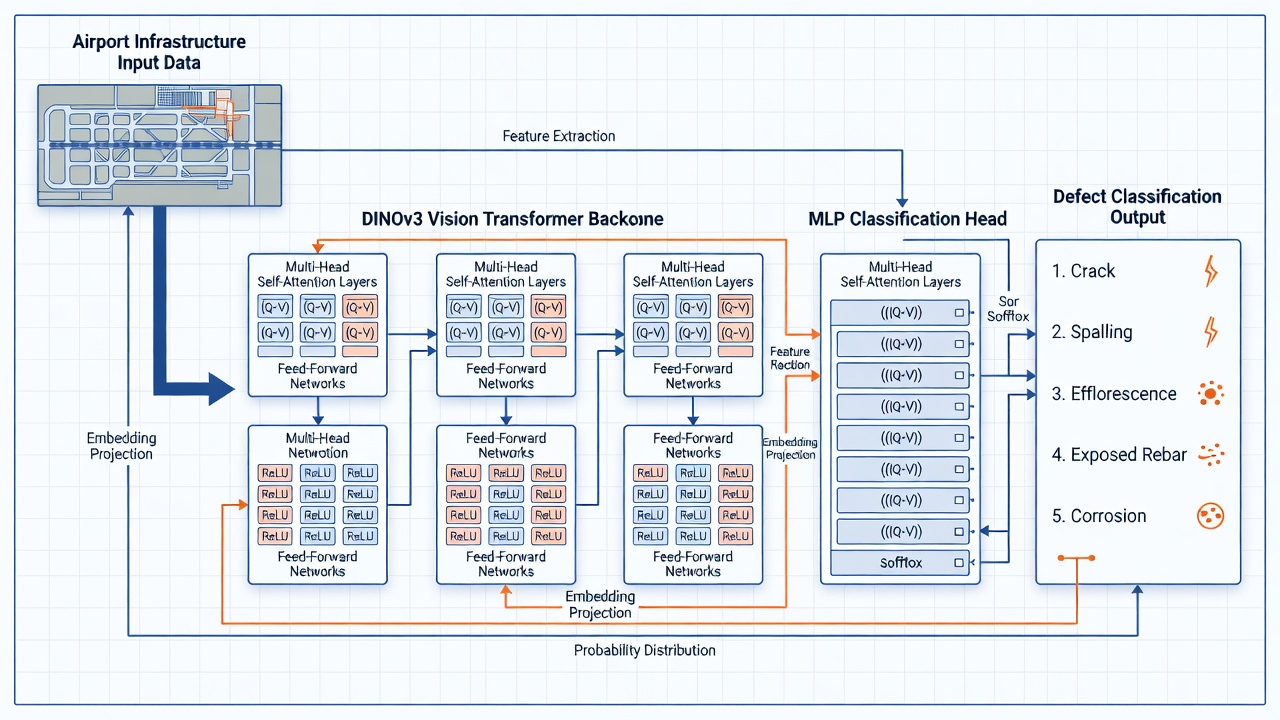 Schéma technique d'un pipeline d'architecture d'apprentissage profond pour la détection de défauts structurels montrant un backbone de transformateur visuel DINOv3 alimentant une tête de classification MLP avec cinq classes de défauts en sortie