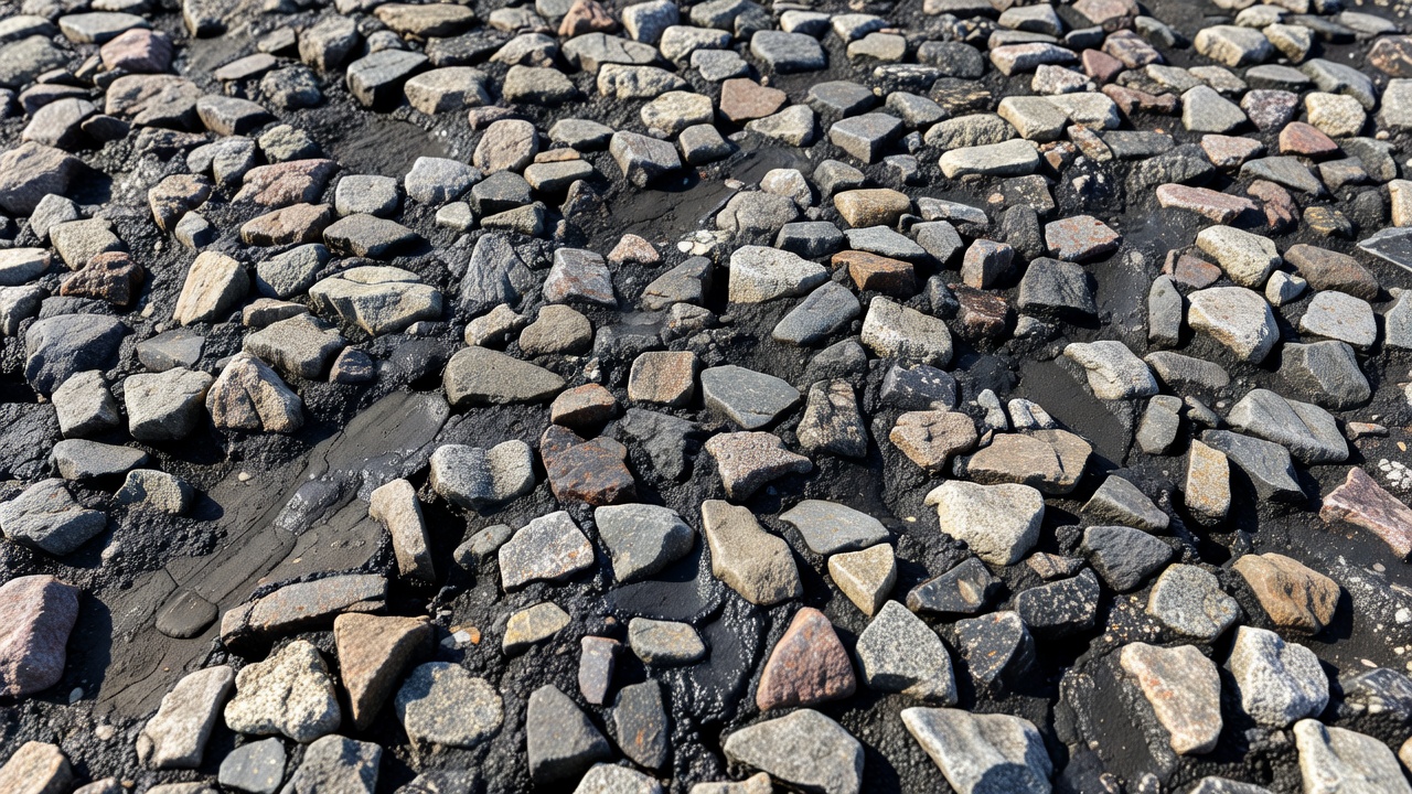 Texture en gros plan de la surface d'une chaussée en enrobé bitumineux à structure grenue montrant le squelette de granulats pierre-sur-pierre