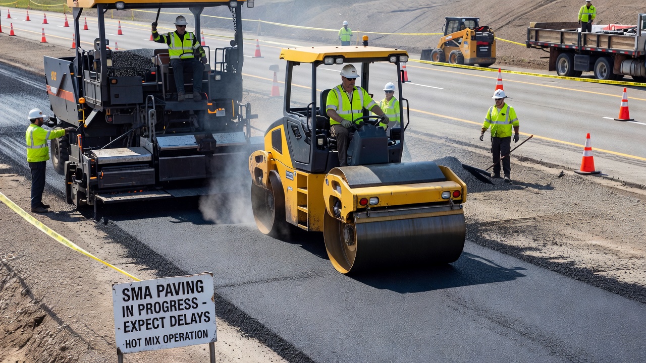 Compacteur au rouleau compactant une chaussée en enrobé bitumineux à structure grenue sur un chantier autoroutier