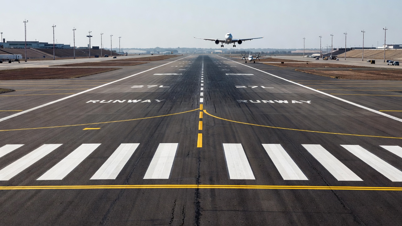 Piste d'aéroport revêtue d'enrobé bitumineux à structure grenue montrant une surface lisse mais texturée