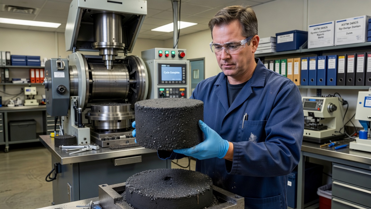 Labortechniker hält eine verdichtete zylindrische Asphaltprobe aus einem Superpave-Gyratory-Verdichter, Prüfung im Bauingenieurwesen