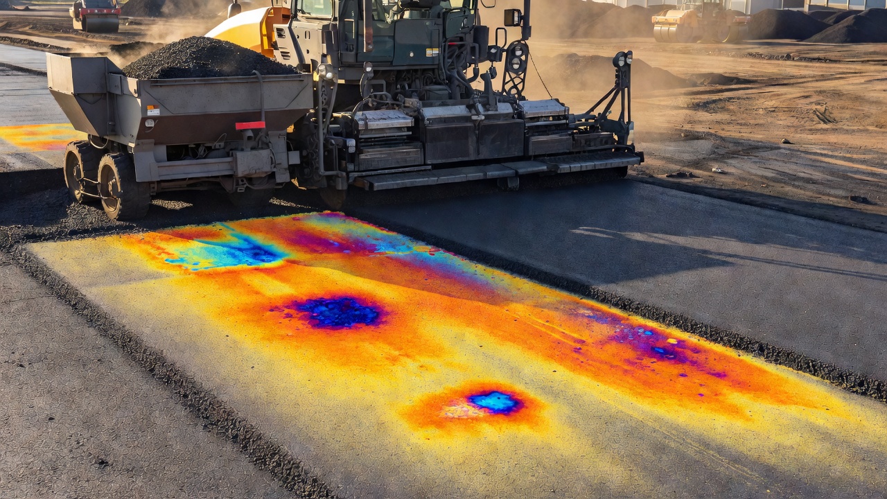 Image thermique d'une opération d'enrobage montrant une ségrégation thermique avec des points froids distincts visibles sous forme de zones bleu foncé contrastant avec des zones orange chaud sur le matelas d'enrobé frais