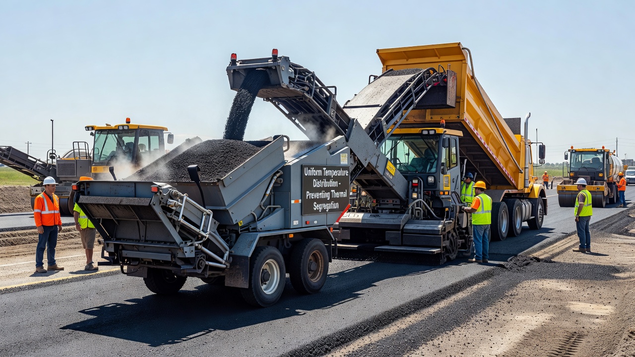 Véhicule de transfert de matériaux MTV (Roadtec Shuttle Buggy) transférant de l'enrobé bitumineux à chaud d'un camion-benne à un finisseur sur un chantier de construction autoroutière, remalaxant l'enrobé pour prévenir la ségrégation thermique