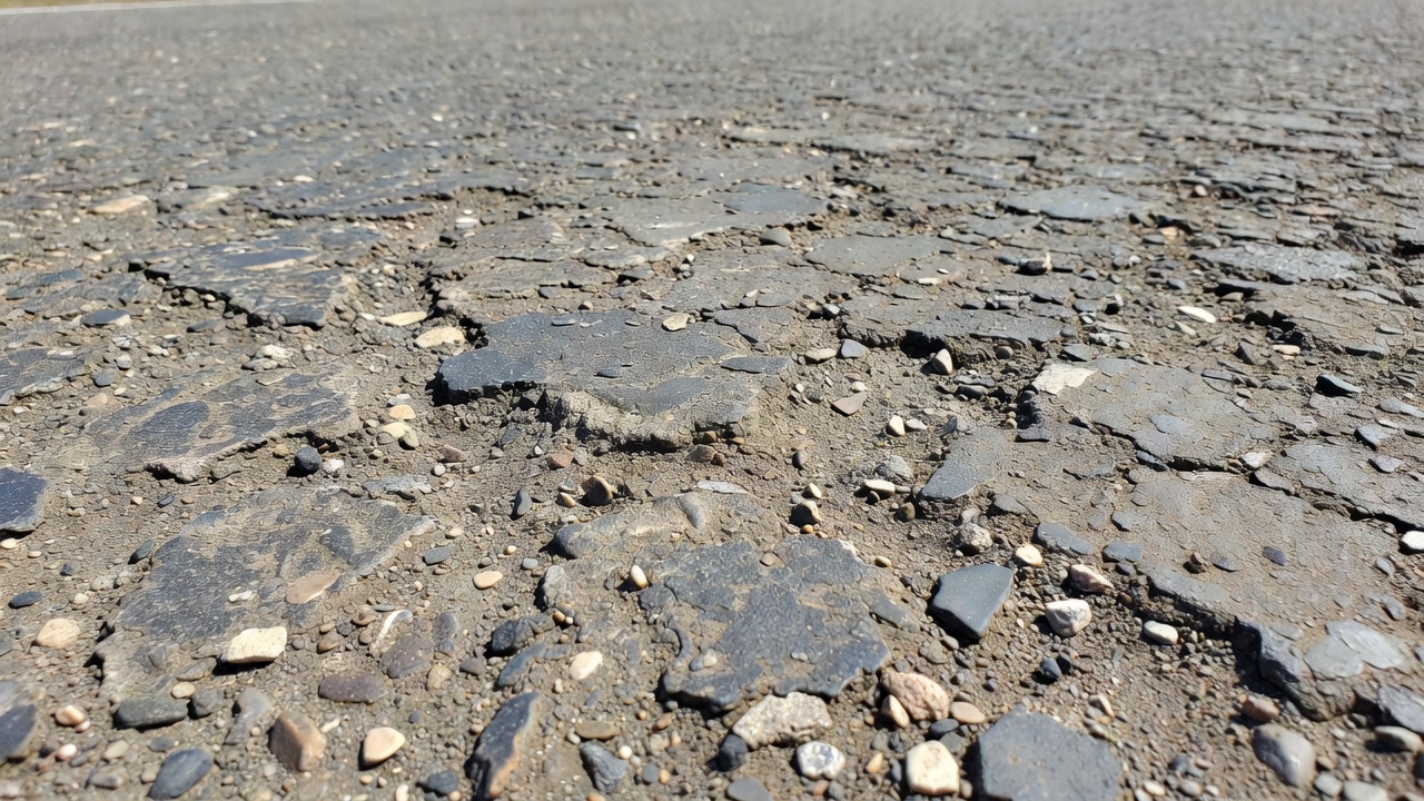Vue aérienne par drone de la surface d'une chaussée en asphalte montrant un désenrobage avec une texture de granulat exposé sur une chaussée autoroutière en détérioration