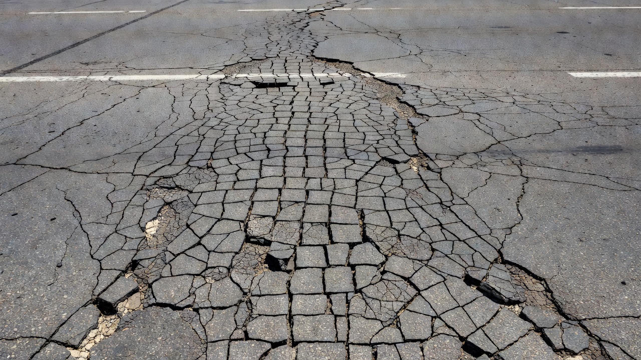 Motif de fissuration par fatigue en peau de crocodile dans la voie de roulement d'une chaussée en asphalte montrant une dégradation structurelle et une défaillance de la chaussée