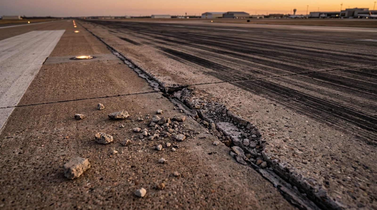 A failed transverse joint in a concrete runway with a spalled edge and loose fragments, at low sun