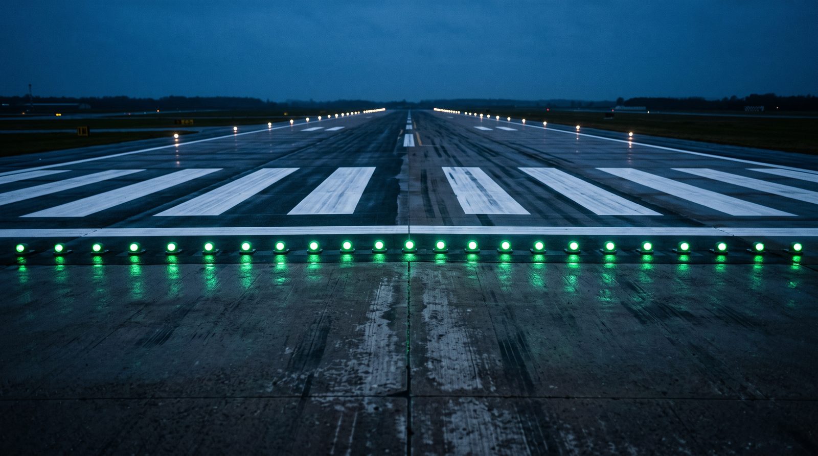 A bar of green threshold lights across a runway at dusk, with the edge lights receding on both sides
