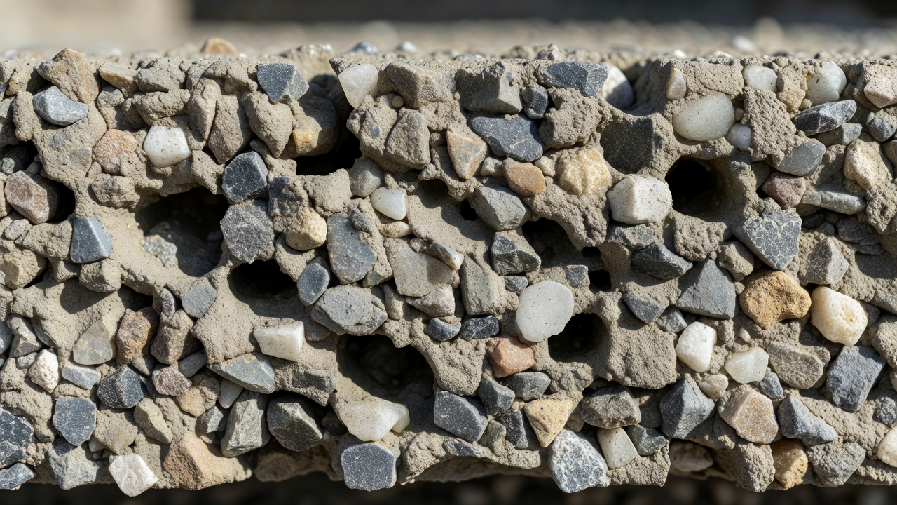 Coupe transversale en gros plan d'un revêtement en béton perméable montrant la structure granulaire ouverte avec des vides interconnectés et un enrobage de pâte de ciment