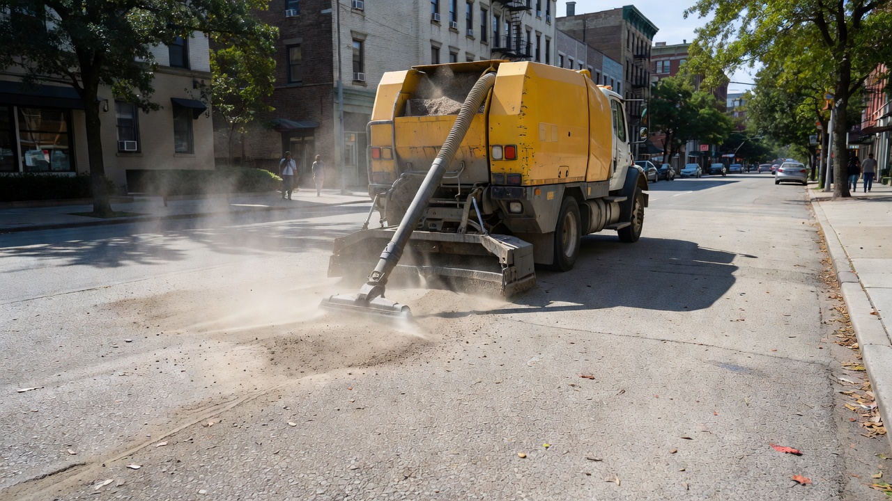 Balayeuse de voirie municipale effectuant un entretien par aspiration sur un revêtement en béton perméable pour éliminer les sédiments et restaurer la capacité de drainage