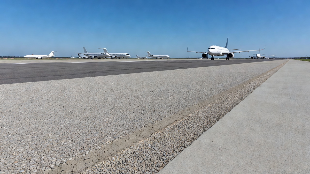 Accotement de piste aéroportuaire construit en béton perméable montrant la couche de drainage et l'aire de trafic adjacente pour aéronefs
