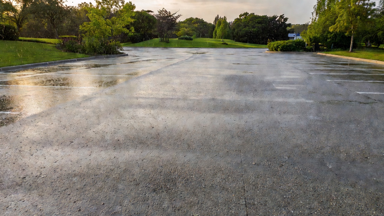 Vue aérienne d'un parking en béton perméable pendant une chute de pluie montrant l'infiltration des eaux pluviales sans eau stagnante en surface
