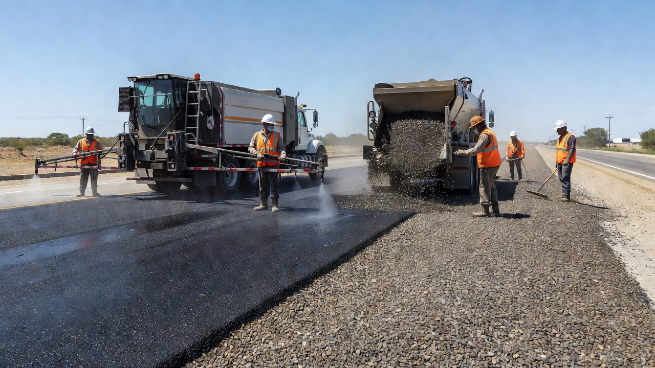 Camion distributeur de bitume projetant du liant bitumineux noir liquide sur une surface de chaussée aéroportuaire avec la rampe de pulvérisation visible pendant la construction d'un scellement gravillonné