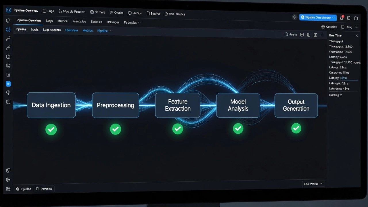CI/CD pipeline visualization showing data flowing through analysis processing stages with green validation checkmarks