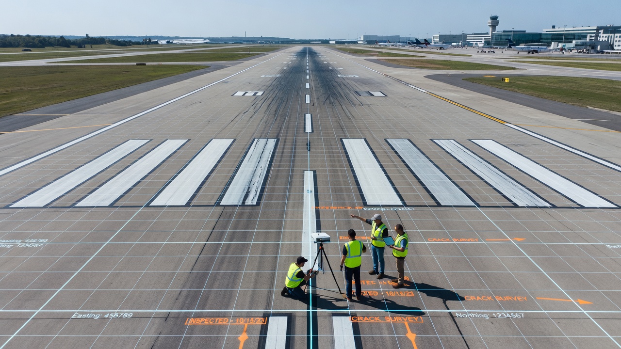 Vue aérienne d'une piste d'aéroport international avec une équipe d'inspection de chaussée utilisant un équipement GPS et un quadrillage de coordonnées UTM pour l'évaluation de l'état de la chaussée