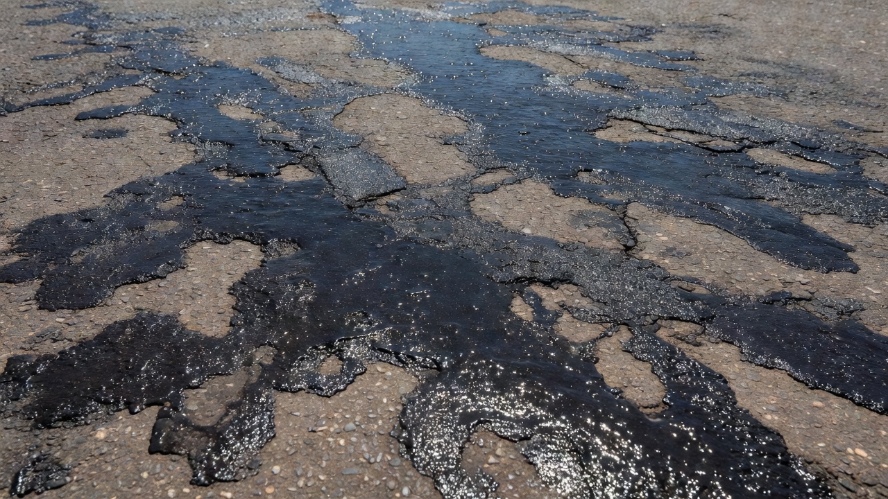 Superficie de pavimento asfáltico que muestra deterioro por exudación y afloramiento con ligante asfáltico negro y brillante acumulándose en la superficie