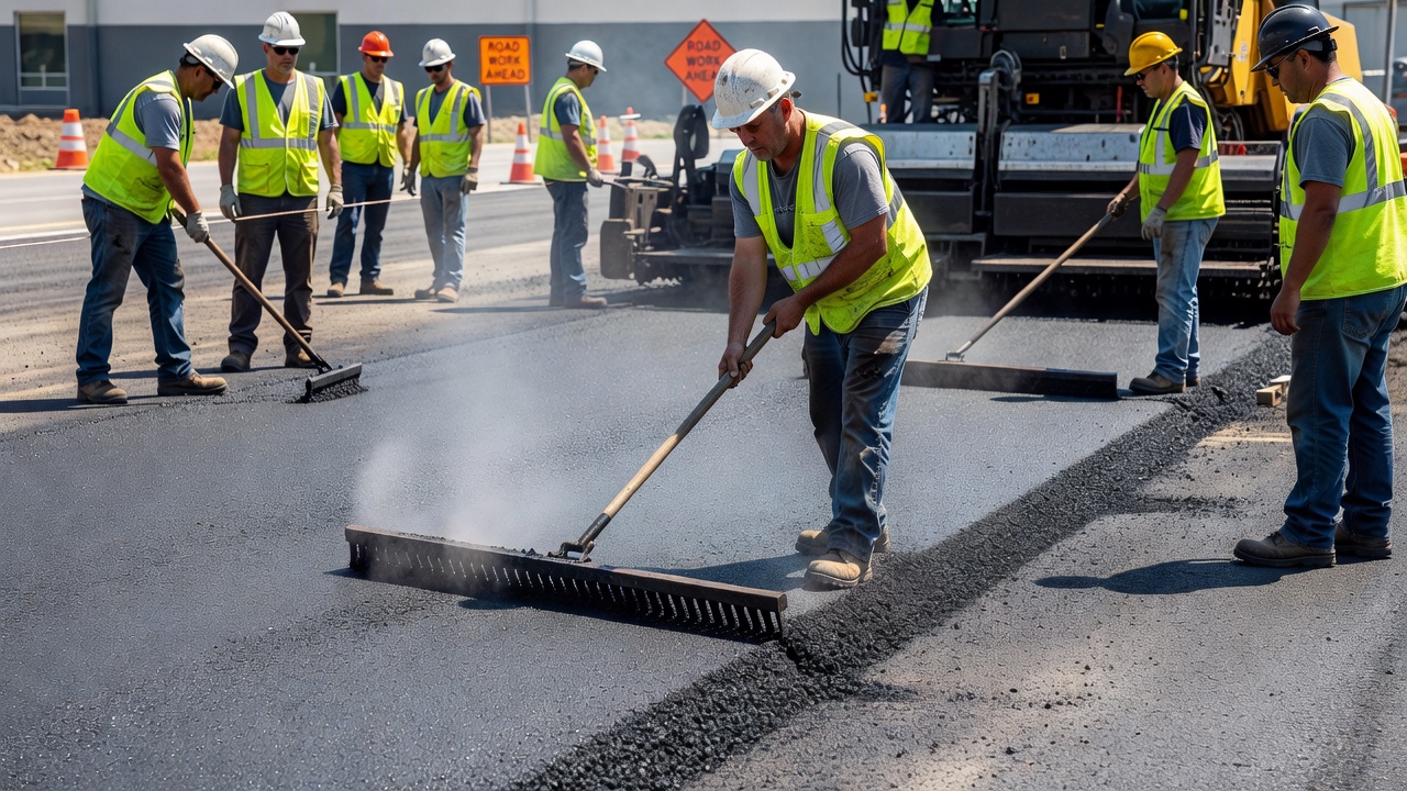 Vibrationswalze beim Verdichten einer dünnen Asphalt-Ausgleichsschicht auf einem Befestigungssanierungsprojekt