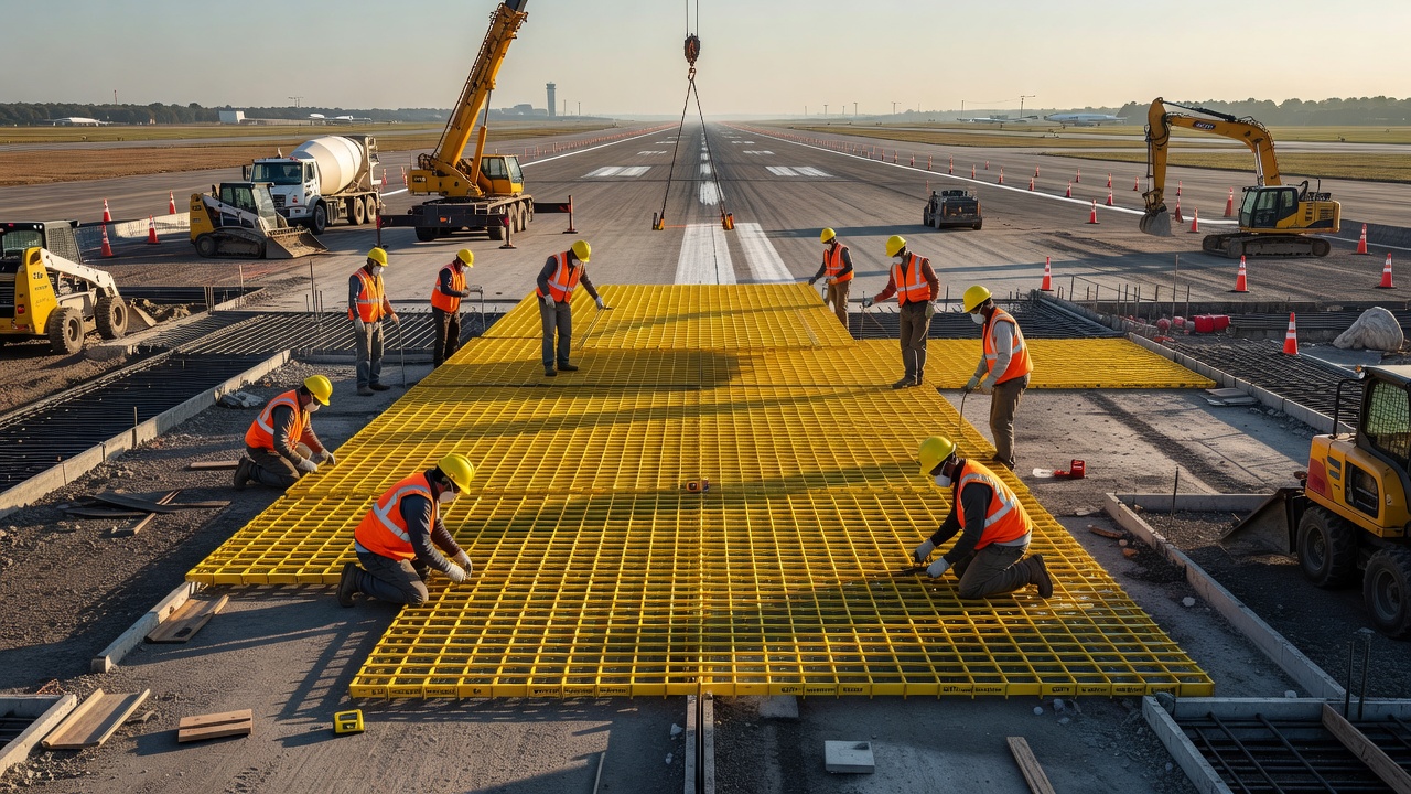 Construction de piste d'aéroport avec grille d'armature composite PRFV avant coulée du béton