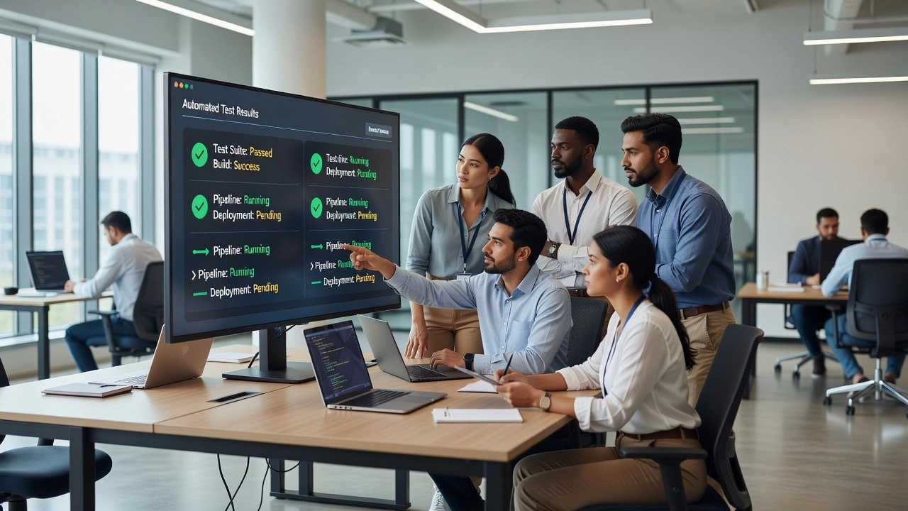 Software development team reviewing automated smoke test results on a monitor dashboard