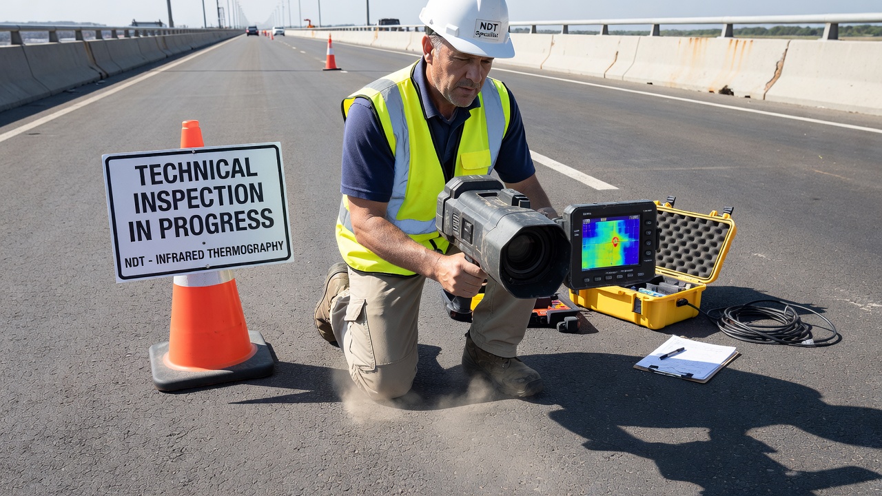 NDT bridge deck inspection showing engineer using infrared thermography equipment to scan waterproofing membrane integrity on bridge surface