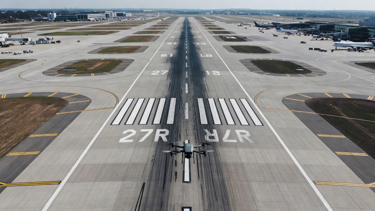 Luftaufnahme einer Drohne, die eine lange Betonstartbahn auf einem Flughafen inspiziert