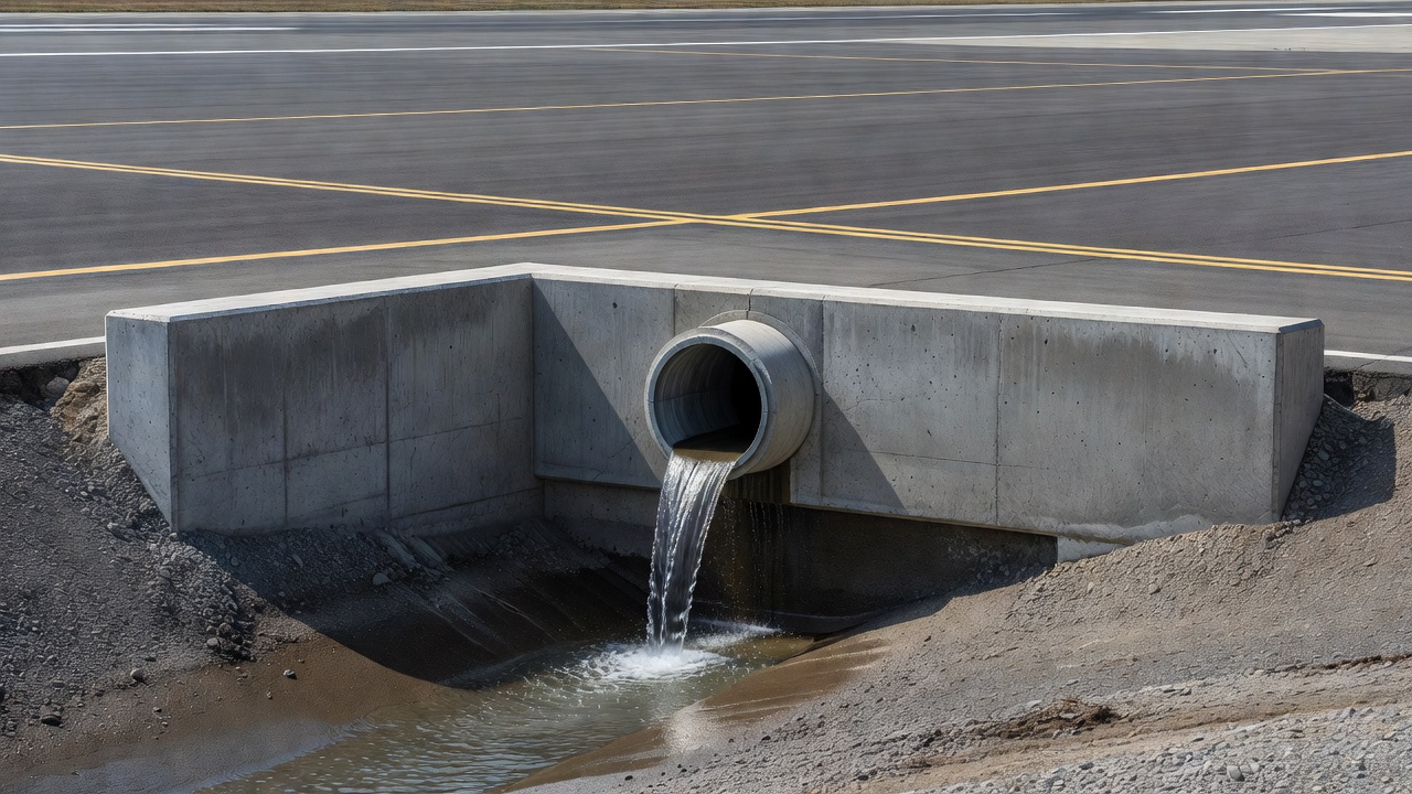 Tuyau d'exutoire de drain de rive évacuant l'eau sous une chaussée aéroportuaire à travers un mur de tête en béton