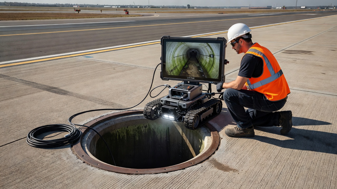 Équipement d'inspection de drain par caméra CCTV déployé dans un exutoire de tuyau de drainage près d'une chaussée aéroportuaire