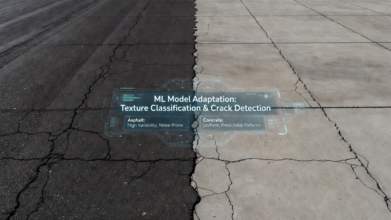 Comparison of road asphalt pavement versus airport runway concrete surface textures showing distinct visual characteristics
