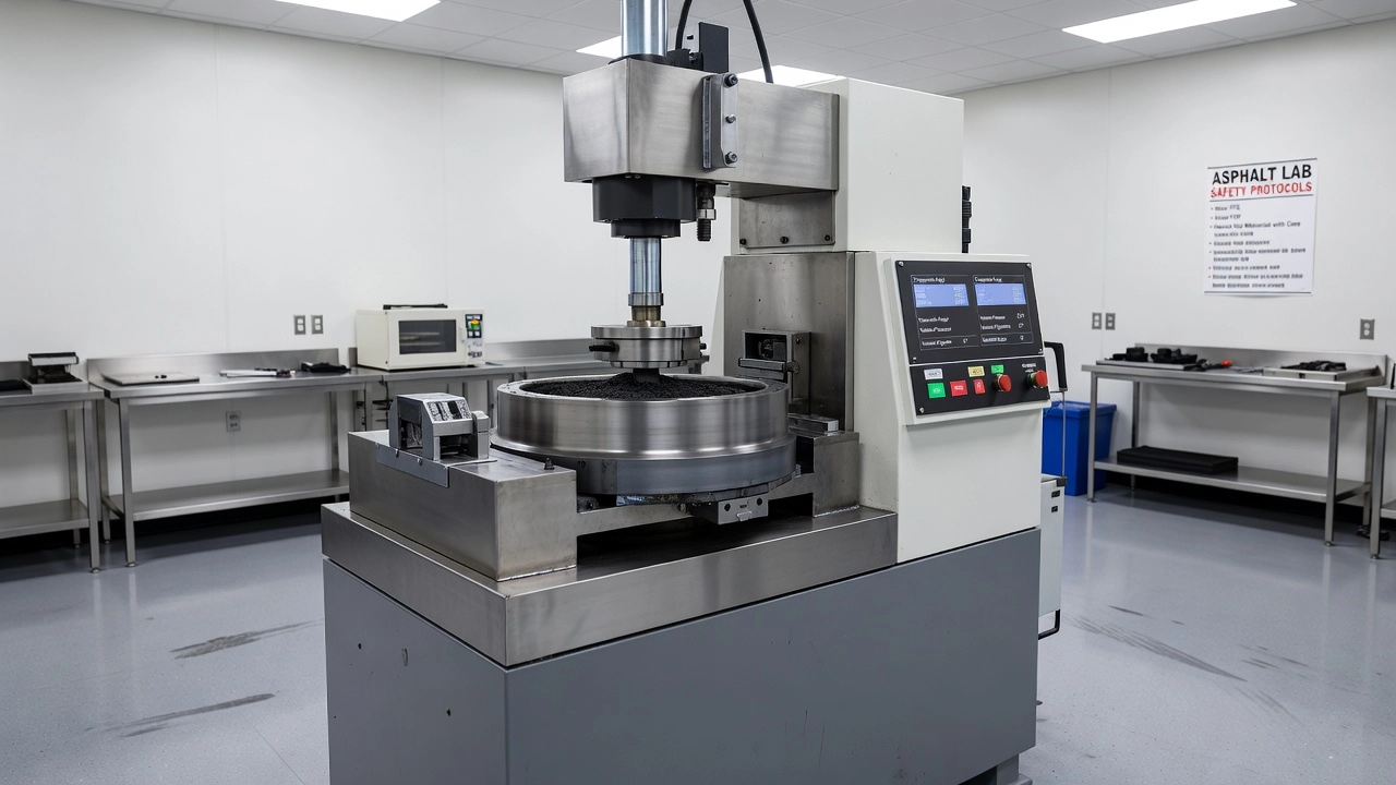 Máquina compactadora giratoria Superpave en laboratorio de ensayos para diseño de mezclas asfálticas y análisis volumétrico