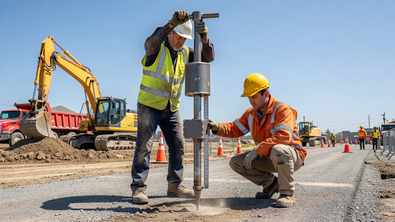 Ensayo de campo con Penetrómetro de Cono Dinámico realizado en una obra de pavimentación con un técnico operando el dispositivo
