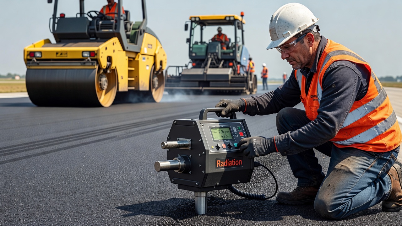 Essai de compactage d'enrobé sur une piste fraîchement revêtue avec une jauge de densité nucléaire et des rouleaux compacteurs d'enrobé bitumineux à chaud en arrière-plan