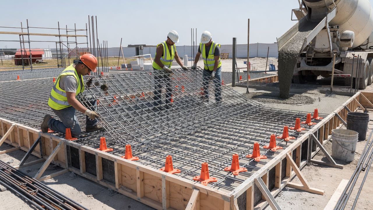 Treillis soudé en cours de pose sur des coffrages de dalle en béton avec des ouvriers positionnant des panneaux de treillis soudé sur des cales en plastique