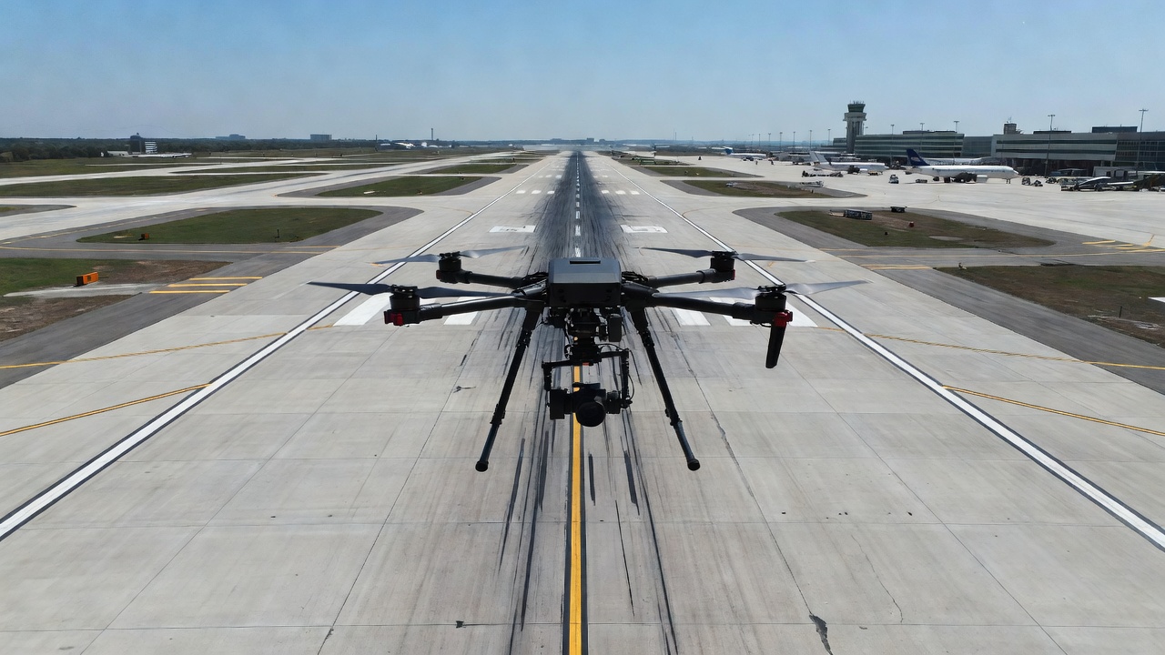 Drone capturant des images d'inspection au-dessus d'une piste aéroportuaire avec caméra montée sur nacelle stabilisatrice pour des photos de levé avec tags EXIF