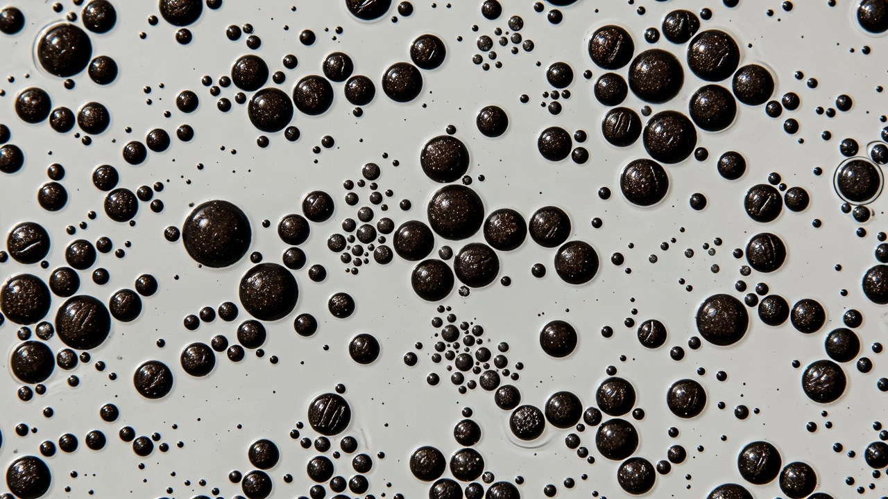 Microscopic view of asphalt emulsion droplets showing spherical asphalt particles dispersed in water as a colloidal system