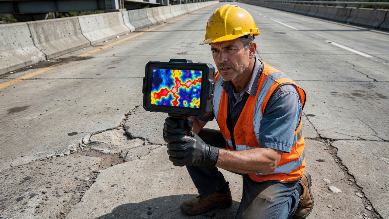 Brückenfahrbahnplatteninspektion mit Infrarot-Thermographiekamera und thermischer Musteranzeige, die Ablösung unter der Oberfläche zeigt