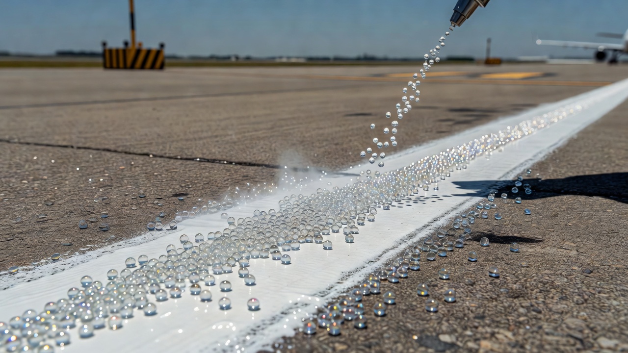 Close-up of glass beads applied to thermoplastic pavement marking showing reflective spheres embedded in the marking surface