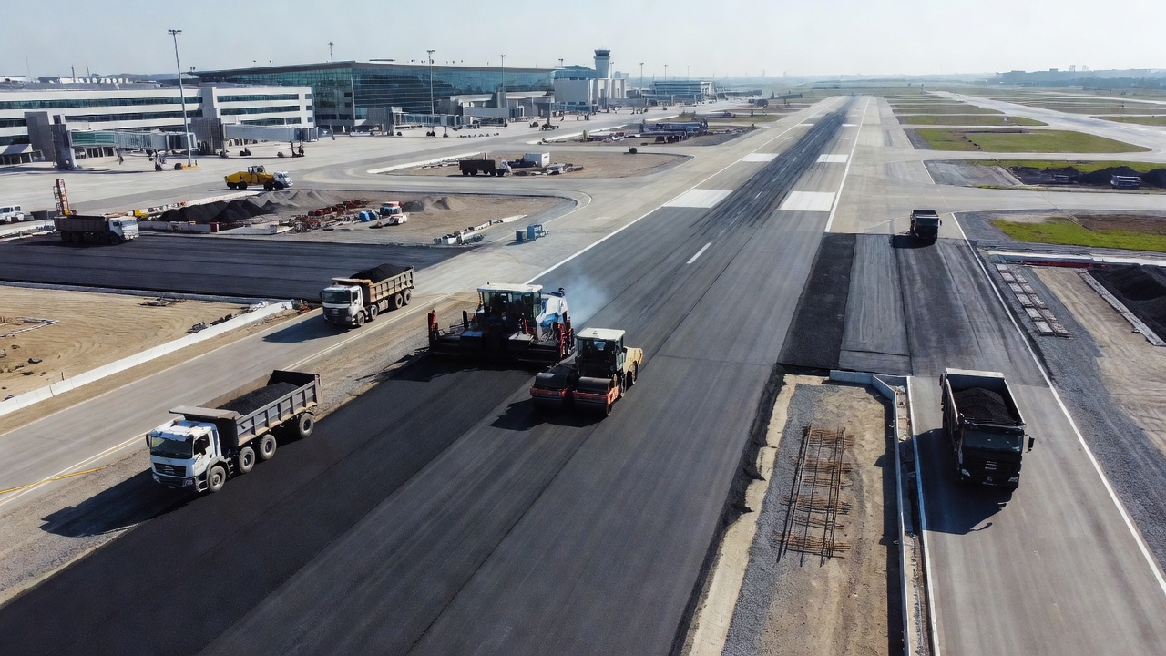 Baustelle einer Flugplatzstartbahn mit schwerem Gerät, das tagsüber Asphaltschichten einbaut