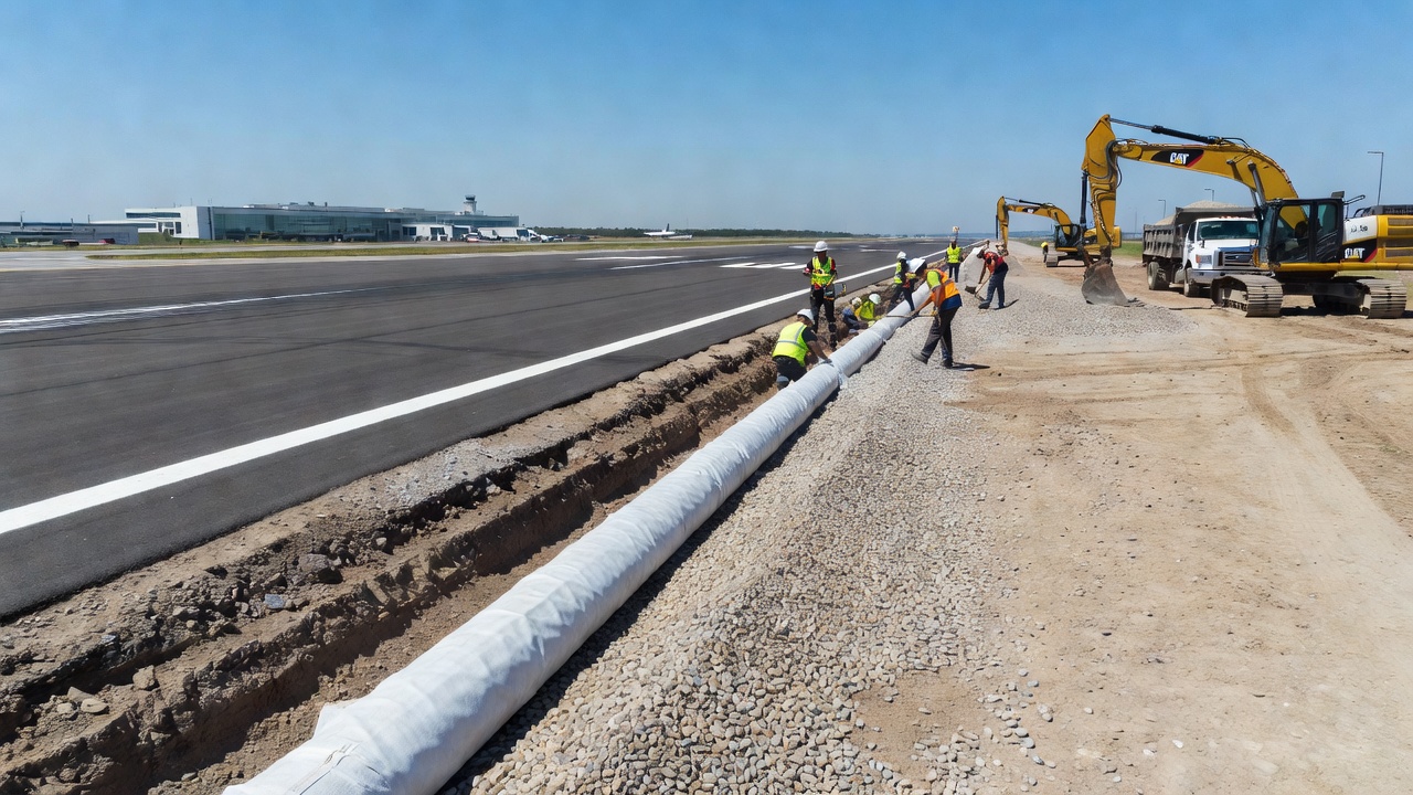 Installation d'un système de drainage souterrain avec tuyau perforé et enveloppe géotextile le long d'une piste aéroportuaire