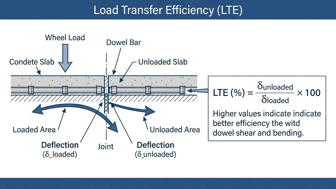 Diagramme technique illustrant l'efficacité du transfert de charge (LTE) à un joint de chaussée en béton avec goujons, montrant les flèches de déflexion des dalles chargée et non chargée et la formule de calcul LTE
