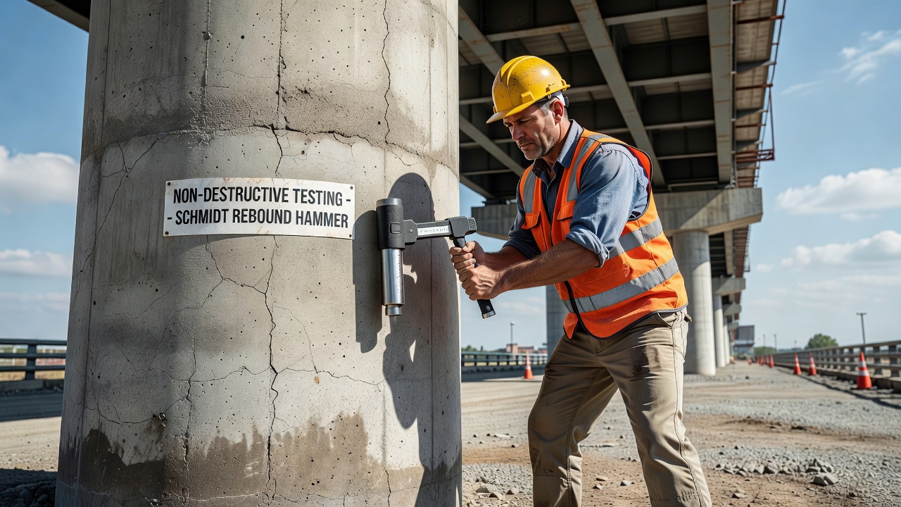 Ingeniero civil utilizando un martillo de rebote Schmidt en una columna de puente de hormigón durante ensayos no destructivos en campo