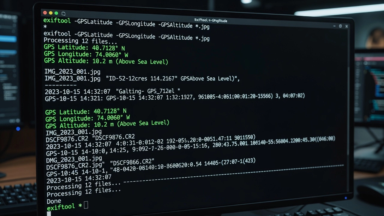 Terminal en ligne de commande ExifTool montrant la sortie d'extraction de métadonnées EXIF avec coordonnées GPS et données d'altitude