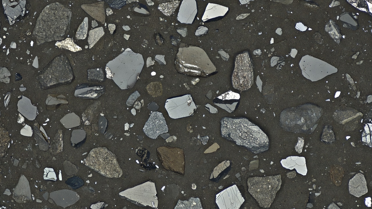 Petrographic thin section of concrete viewed under cross-polarized light microscope showing aggregate particles with quartz interference colors and cement paste matrix