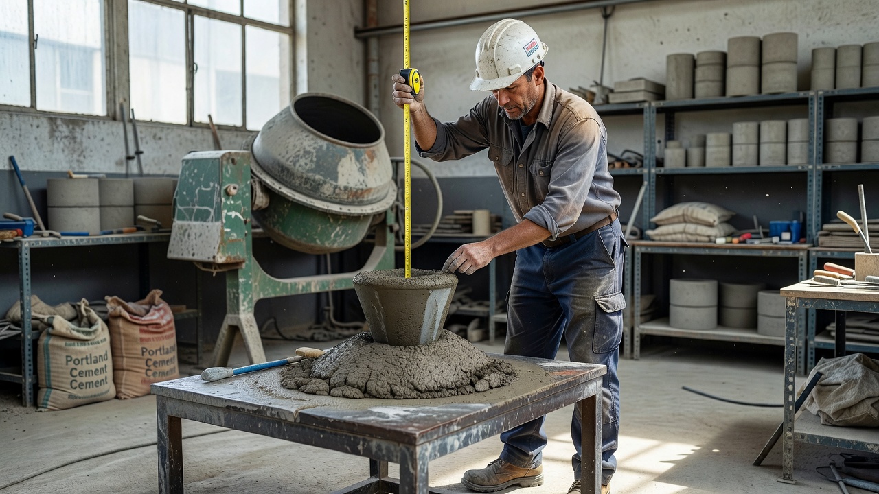 Essai d'affaissement du béton réalisé en laboratoire pour vérifier l'ouvrabilité de la formulation