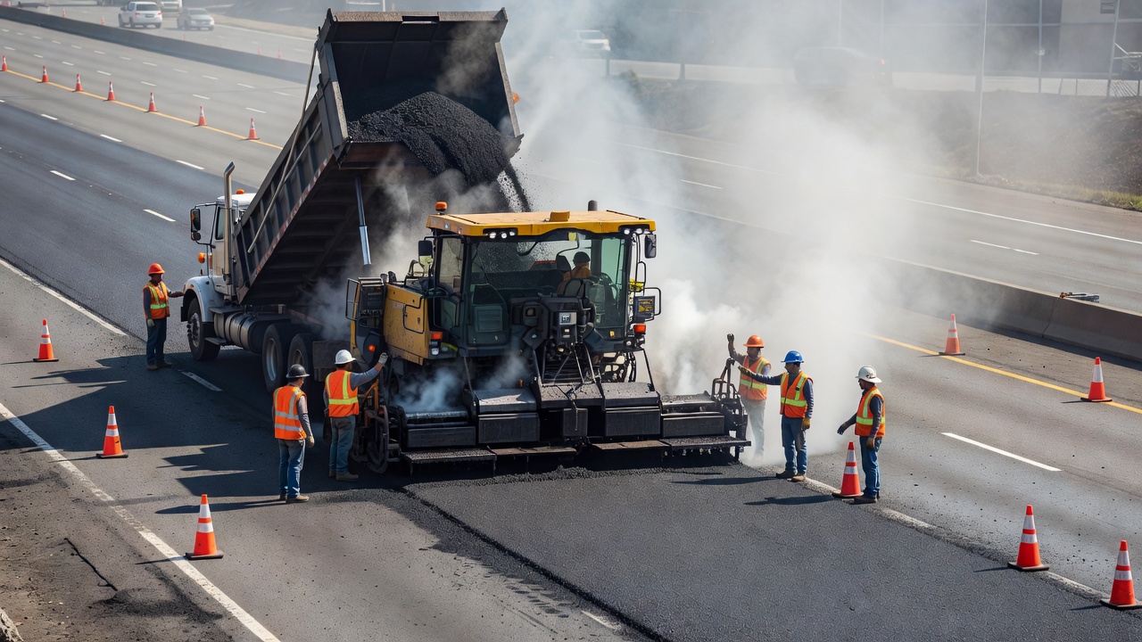Heißasphalt-Einbau auf einer Autobahn mit Muldenkipper, der Heißmischgut in einen Asphaltfertiger entlädt, Dampf steigt von der Fahrbahn auf