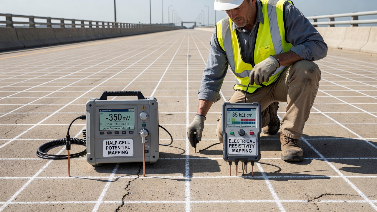 Technicien réalisant une cartographie du potentiel de demi-cellule et de la résistivité électrique sur un tablier de pont en béton
