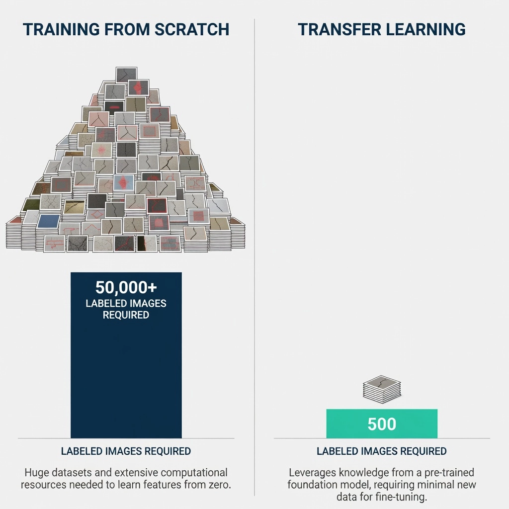 Data requirements comparison showing training from scratch versus transfer learning for infrastructure crack detection models