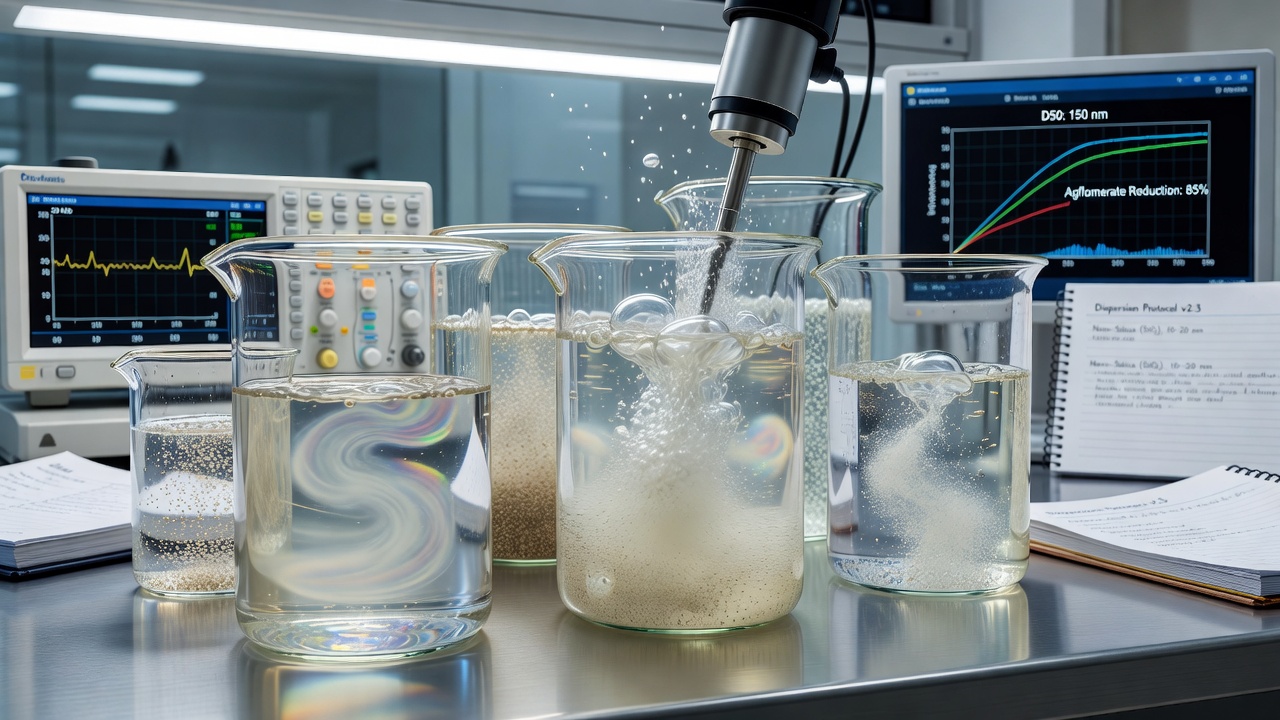 Laboratorní dispergace nanočástic siliky a nano-jílu v koloidní suspenzi s míchacím zařízením