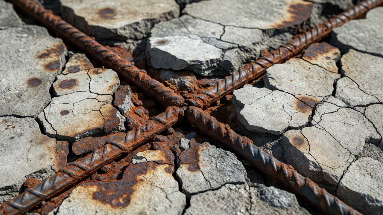 Corroded reinforcing steel in concrete showing rust staining, concrete spalling and delamination from chloride attack in airport pavement