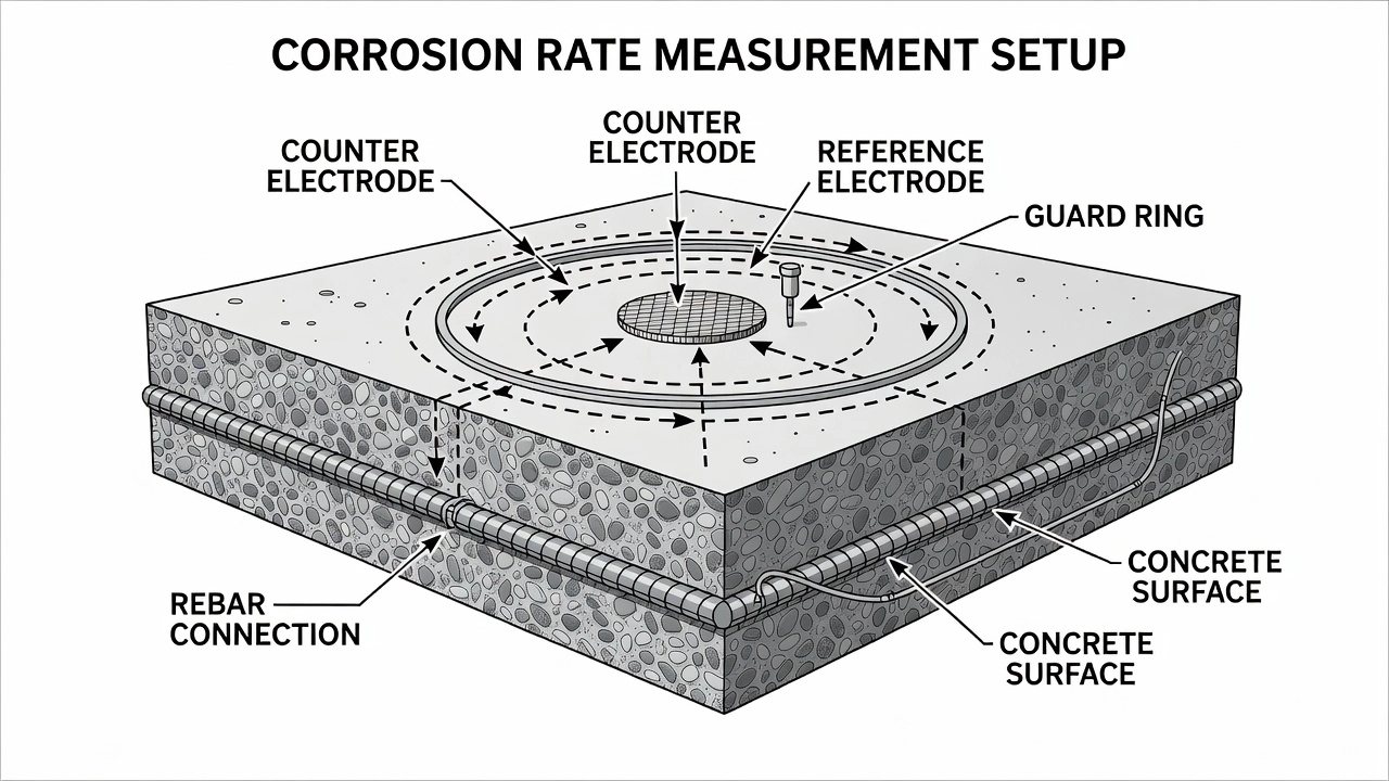 Technische schematische Darstellung des Korrosionsratenmessaufbaus mit Elektroden auf der Betonoberfläche und Bewehrungsanschluss